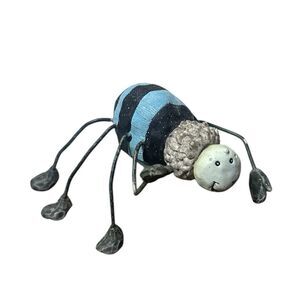 Vintage Anthropomorphic Blue Striped Spider Figurine Whimsical Wood Metal Folk